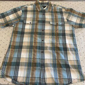 Men’s Plaid Short Sleeve Button-Up Shirt Size M | Blue Beige Check Casual Pocket
